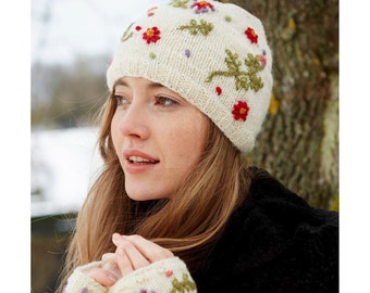 Women's Floral Embroidered Knitted Hat - Embroidered Flower Pattern - Cream Knit Gloves - Warm Knitted Headband - 100% Wool - Pachamama