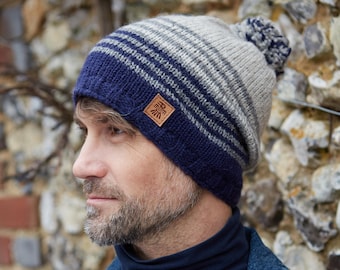 Men's Blue Knitted Beanie - Stripey Men's Bobble Hat - Fleece Lined Handwarmers - Handmade Knit - Ethical Gift - Fair Trade - Pachamama