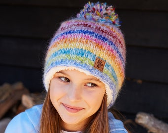 Children's Rainbow Hat - Kid's Multicoloured Hat - Handwarmers - Headband - 100% Wool - Fair Trade - Mohair Wool - Sherpa lined - Pachamama