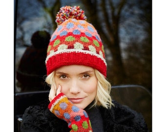 Women's Fair Trade Bobble Beanie, Red Polka Dot 100% Wool Winter Hat, Handwarmers, Fingerless Gloves, Headband, Bright Pom Pom