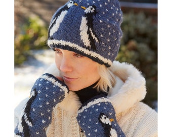 Women's Hand Knit Penguin Bobble Beanie, 100% Wool Animal Handwarmers, Fingerless Gloves, Winter Pom Pom Beanie, Fleece Lined Penguin Hat