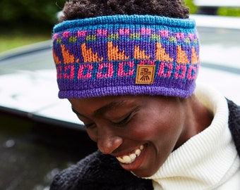 Womens Fairisle Bobble Beanie - Bright Knitted Headband - Bold Purple Handwarmers - Purple Knit Beanie - Vibrant Knitted Gloves - Pachamama