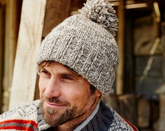 Gorro con pompón tejido a mano para hombre, 100% lana, diseño de sal y pimienta, cálido gorro de invierno, colores surtidos, forro polar, comercio justo, regalo para él