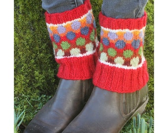 Women's Fair Trade Polka Dot Boot Cuff, 100% Wool Ankle Warmers, Bright Spotty Design, Bold Red Shoe Cuff, Multicolour Stripe, Matching Set