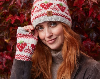 Strawberry Knitted Bobble Beanie - Strawberry Handwarmers - Knit Headband - Fruit Accessories - Sustainable Clothing - Pachamama