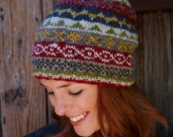 Women's Fair Isle Winter Hat - 100% Wool - Polyester fleece band - Ethical Clothing - Pachamama