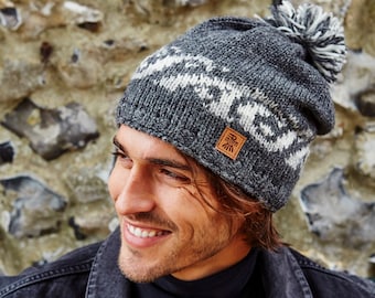 Men's Surf Bobble Beanie - Wave Knitted Beanie - Knit Hat - 100% Wool - Handmade in Nepal - Sustainable Clothing - Fair Trade - Pachamama