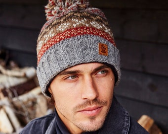 Men's Fair Isle Patterned Bobble Beanie - Knitted Pom Pom Hat - Available in Grey, Blue and Red - Classic - Sustainable Clothing - Pachamama