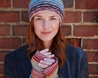 Women&#39;s Rainbow Stripe Beanie - Multicoloured Fingerless Gloves - Knitted Headband - Rainbow Knit Chullo - Stripy Handwarmers - Pachamama