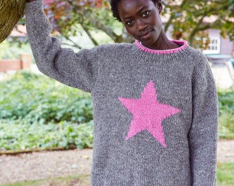 Women's Wool Sweater - Pink Star - Handknitted Jumper - Ethical Clothing - Pachamama -  Retro 90s Star Motif