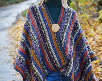 Women's HandKnitted Wrap -  100% Wool - Wooden Brooch Fastening - Festival Clothing - Ethical Clothing - Pachamama