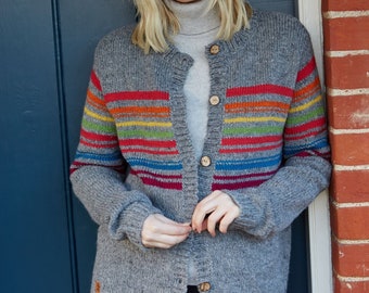 Wool Cardigan - 100% Wool - Grey Rainbow Stripes - Ethical Clothing - Pachamama - Natural Colours