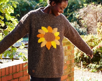 Sunflower Knitted Sweater - Floral Jumper - Autumn Pullover - Handknit - 100% Wool - Sustainable Clothing - Fairly Traded - Pachamama