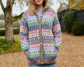 Women's Pastel Fair Isle Cardigan - Cosy Hand Knitted Cardi - Blue Pink Grey Cardigan - Ethical Gift - Fair Trade - Pachamama