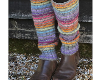 Hand Knit Rainbow Stripe Leg Warmers, 100% Wool, Fair Trade Unlined Legwarmers, Knee High Boot Toppers, Pastel Sunrise Colourful Soft Stripy