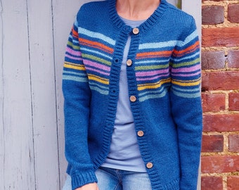 Wool Cardigan - 100% Wool - Denim Blue Rainbow Stripes - Ethical Clothing - Pachamama - Natural Colours