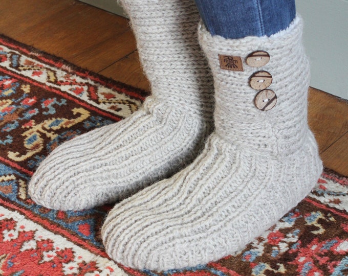 Hand Knitted Lined Sofa Socks, Fair Trade, 100% Wool, Handmade, Sherpa Fleece Lined, Chunky Knit, Comfy Footwear, Natural Colours, Cosy