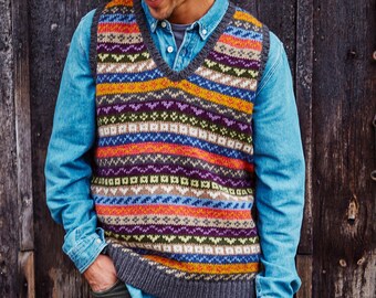 Débardeur tricoté en jacquard pour homme - 100 % laine - Pull sans manches issu du commerce équitable - Débardeur - Motif à rayures unique - Rétro - Pachamama