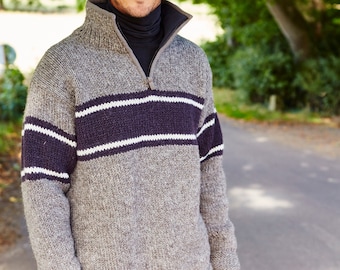 Men's Retro Stripe Jumper - Simple Half Zip Knitted Pullover - Neutral Knit Sweater - Available in Green or Grey - Sustainable - Pachamama