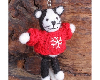 Felt Cat Keyring, Hand Felted Black & White Kitty Keychain, Cute Animal Handbag Charm, 100% Wool, Handmade Unique Gift, Fair Trade Present