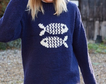 Men's and Women's Fish Knitted Jumper - Navy Blue Sweater - 100% Wool Handmade in Nepal - Chunky Knit Oversized Pullover - Pachamama