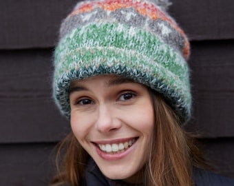 Damen Wollbommel Beanie - Schafmütze - Stirnband - Fingerlose Handschuhe - Sherpa Fleece - Flauschiges Lamm - Pachamama