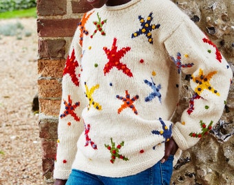 Bright Starfish Sweater - Hand Knitted Jumper - Multicoloured - Retro Design Jumper - Sea Theme - 100% Wool - Ethical Clothing - Pachamama