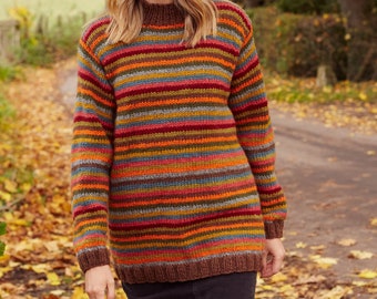 Women's & Men's Striped Jumper - Muted Earthy Toned Rainbow - Multicoloured Knitted Sweater - 100% Wool Knit Pullover - Ethical - Pachamama