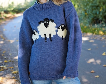 Women's Knitted Sheep Jumper - Blue Knit Sweater - Oversized Farm Pullover - 100% Wool - Sustainable Clothing - Fair Trade - Pachamama