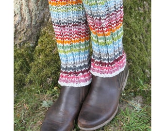 Women's Knit Rainbow Stripe Leg Warmers - Knee High Boot Cuffs - Knitted Gaiters - Rainbow Stripy Legwarmers - 100% Wool - Pachamama