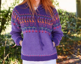 Women's Purple Knit Hoody - Wool Hoodie - Kangaroo Pockets - Vibrant Fair Isle Hooded Jumper - Ethical Clothing - Fair Trade - Pachamama