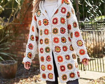 Retro 70s Coat - Cream Oat Flower Design - Crocheted Granny Squares - Traditional - 100% Wool - Vintage Style Pachamama Knitwear - Handmade