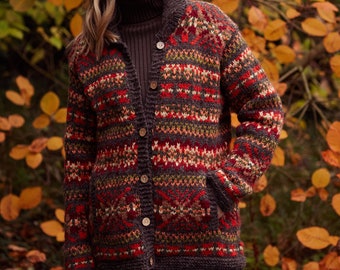 Women's Earthy Warm Cardigan - Fair Isle Boho Cardi - Red and Orange Cardigan - 100% Wool - Sustainable Clothing - Fair Trade - Pachamama