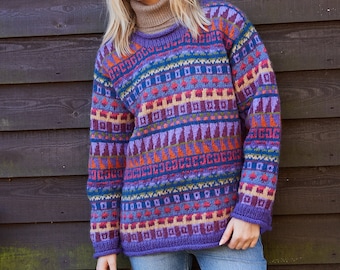 Womens Bright Purple Pattern Jumper - Festival Sweater - Bold Patterned Pullover - 100% Wool - Handmade in Nepal - Fair Trade - Pachamama