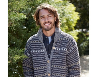 Cardigan épais pour homme tricoté à la main, 100 % laine, non doublé, rayures subtiles neutres naturelles, gilet couleur écorce, boutons en noix de coco, commerce équitable