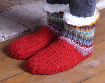 Calcetines tipo pantuflas con suela de ante, tejidos a mano, de comercio justo, 100 % lana, hechos a mano, con forro polar sherpa, de punto grueso, cómodos, a rayas, suaves.