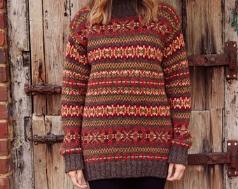 Women's Fair Isle Orange Red Sweater - 100% Wool Handmade Knit Jumper - Warm earth tones - Cosy Fine Knit Pullover - Fair Trade - Pachamama