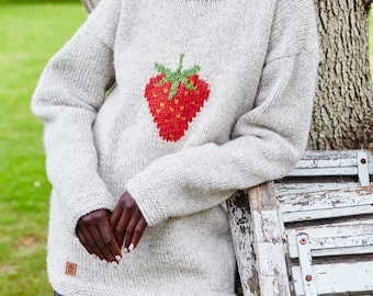 Strawberry Knitted Sweater - Spring Jumper - Fruit Motif - 100% Wool - Handknit - Oversized Knit Pullover - Fair Trade - Pachamama