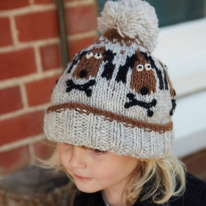 Kid's Dog with a Bone Bobble Beanie, 100% Wool, Children's Animal Hat, Sherpa Fleece Lined, Cosy, Knitted Pom Pom Hat, Fair Trade