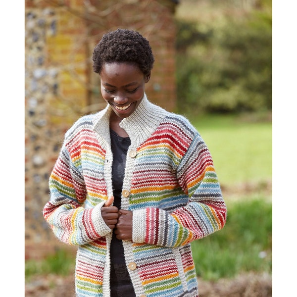 Women's Hand Knitted Striped Cardigan, 100% Wool, Unlined, Rainbow Stripes, Bright Colourful Chunky Cardi, Coconut Shell Buttons, Fair Trade