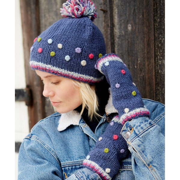 Dotty Bobble Beanie - Knitted Handwarmers - Knit Headband - Knitted Bootcuffs - 100% Wool - Polka Dot Beanie - Polka Dot Gloves - Fair Trade