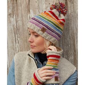 Womens Hand Knitted Bobble Beanie - Rainbow Stripe Hat - 100% Wool - Knitted Rainbow Beanie - Rainbow Knit Hat - Fair Trade - Pachamama