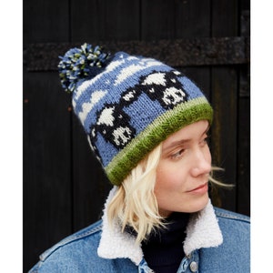 Women's Hand Knit Dairy Cow Bobble Beanie, 100% Wool Animal Handwarmers, Headband, Fingerless Gloves, Winter Hat, Spring, Fleece Lined
