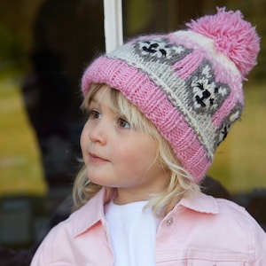 Kid's Little Kitty Cat Bobble Beanie, 100% Wool, Children's Animal Hat, Sherpa Fleece Lined, Cosy, Knitted Pom Pom Hat, Fair Trade |tbdc