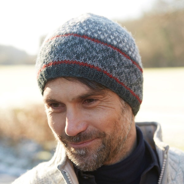 Men's Hand Knitted Beanie, 100% Wool, Warm Winter Hat, Fair Isle Design, Fleece Lined, Fair Trade, Subtle Pattern