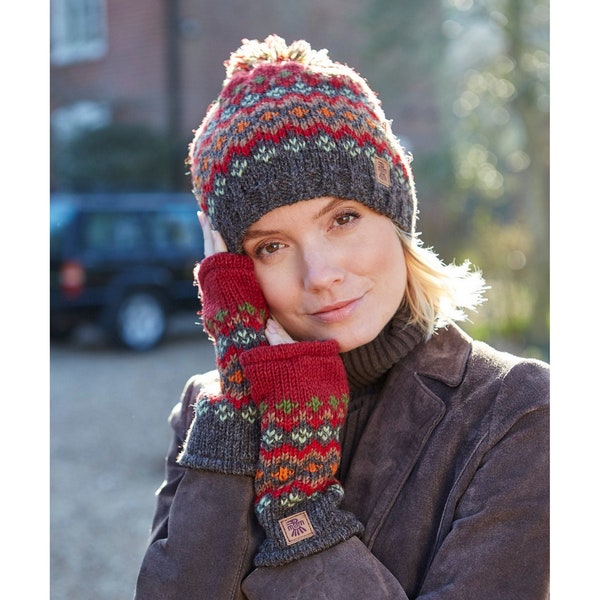 Bonnet d'hiver rouge pour femme - Mitaines bordeaux - Bandeau en tricot - Bonnet à pompon Fair Isle - Chauffe-mains en laine - 100 % laine - Pachamama