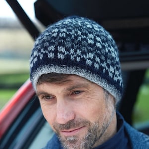 Men's HandKnitted Beanie 100% Wool Warm Winter Hat Fair Isle Design Fleece Lined Fair Trade Pachamama MROSHN