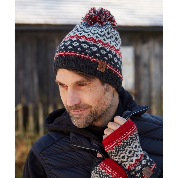 Bonnet ou chauffe-mains Nordic Bobble tricoté à la main pour hommes, 100% laine, chapeau d'hiver chaud, terre rouge, bleu marine, commerce équitable, Fair Isle