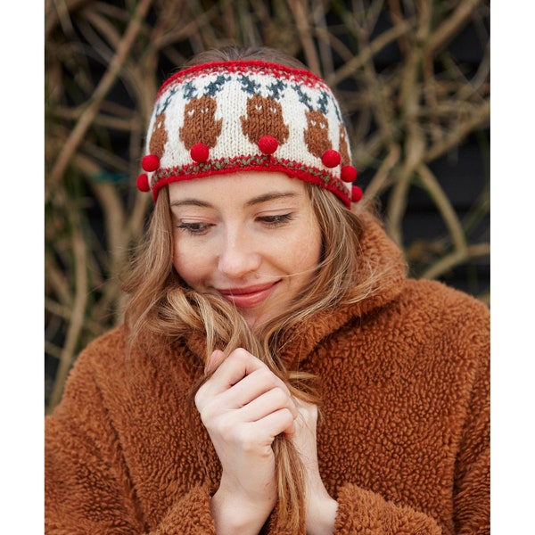 Bonnet à pompon Rudolph pour femme, chapeau d'hiver 100 % laine équitable, bandeau de renne de Noël doublé polaire, bonnet à pompon Jolly festif tricoté à la main