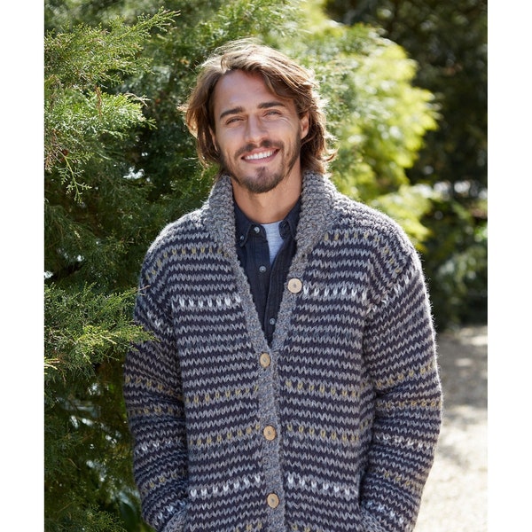 Men's Hand Knitted Chunky Cardigan, 100% Wool, Unlined Natural Neutral Subtle Stripes, Bark Colour Cardi, Coconut Shell Buttons, Fair Trade